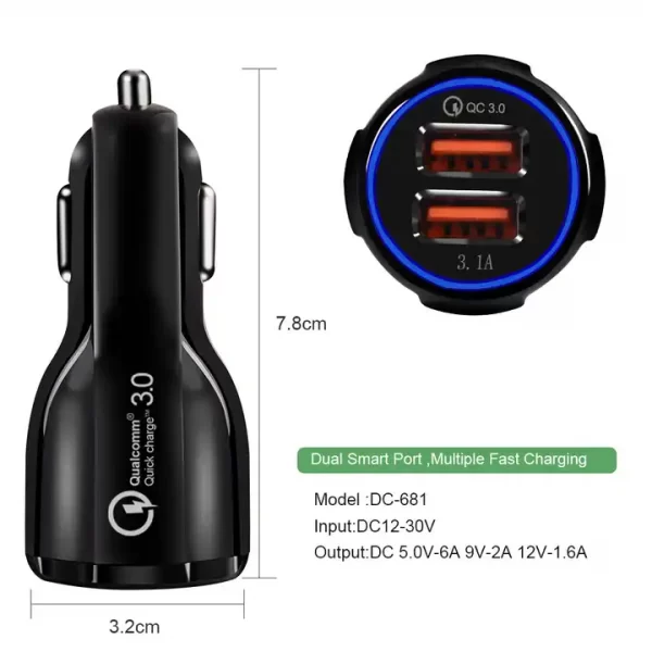 OEM 3.1A Portable Qualcomm Phone fast Charger 2 Port Usb Car Charger Quick Charge 3.0 Car Charger Dual usb - 图片 5