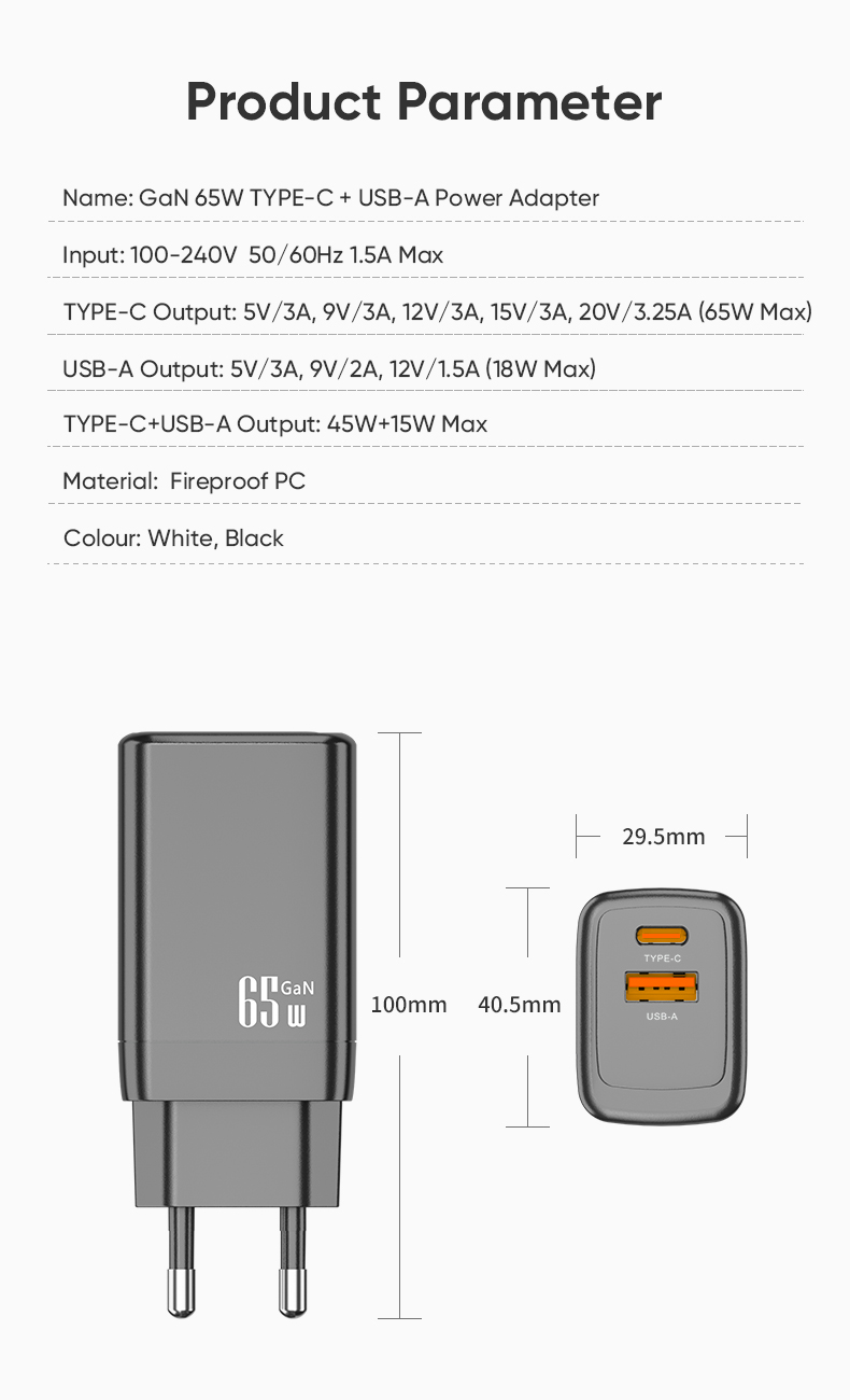 Greenport Dual Port 65W GaN Charger Cell Phone Laptop Charger Black/White Super Fast Charging Power Plug EU/UK/US Free LOGO OEM