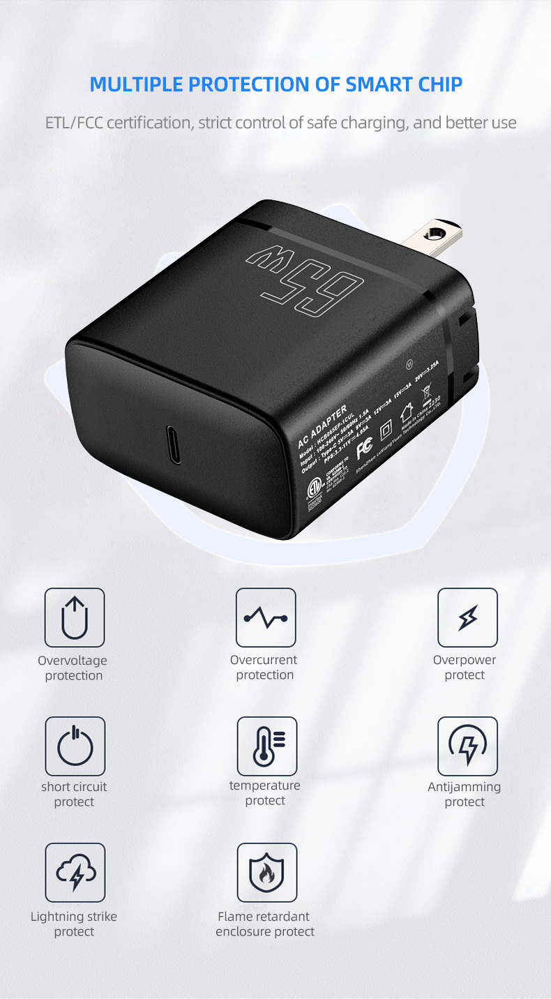 super fast charger 65w ac dc chargeur pd type c gan thin universal travel adapter 65w charger with ETL FCC for mobile and laptop