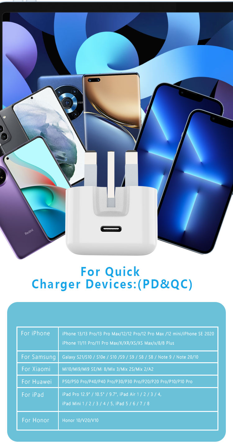 Best Selling PD Wall Charger UK Plug UKCA 20W PD Power Adapter Type-C PD3.0 Quick Charge Travel Super Fast Wall Charger