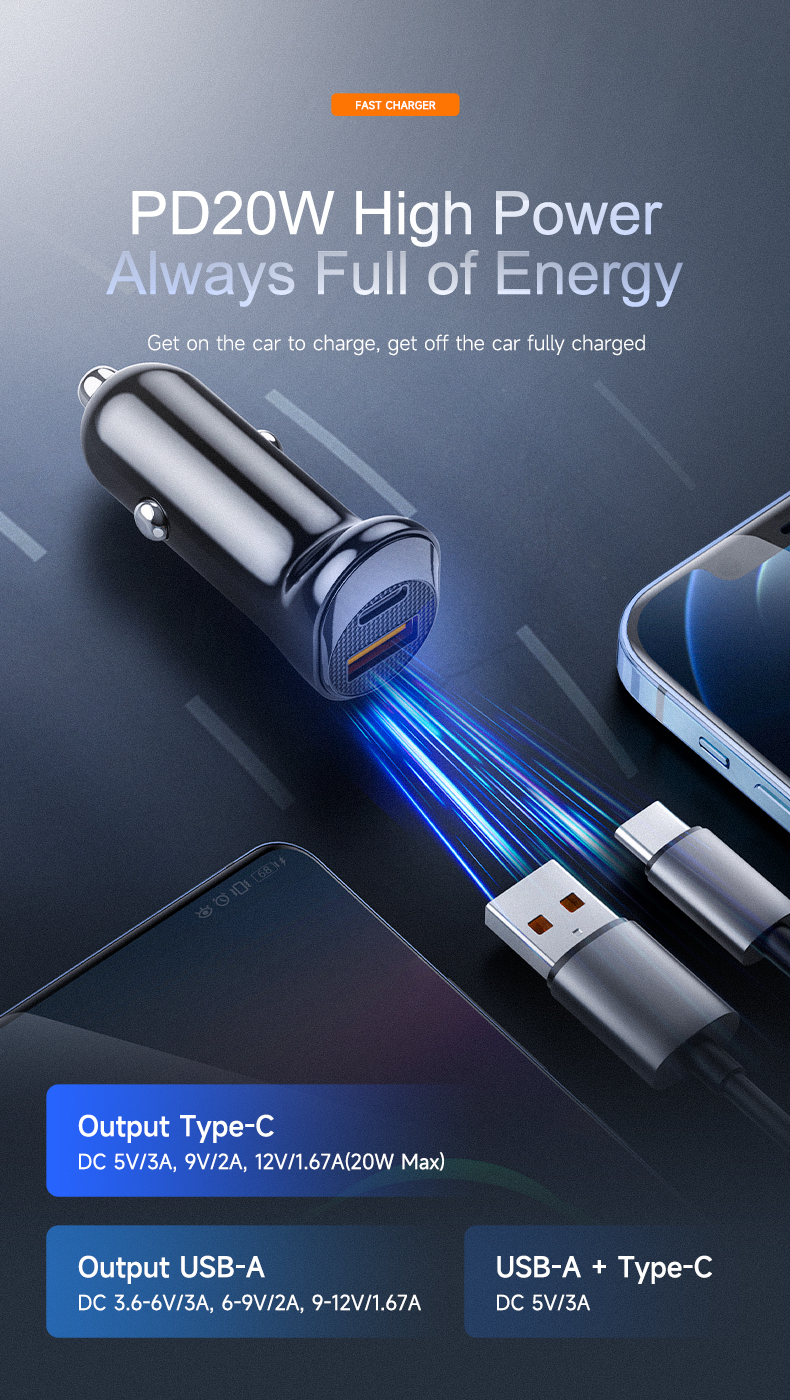 2023 New Product Usb18W & Pd20W With Package Car Charger 20W Type-C Quick Car Charger