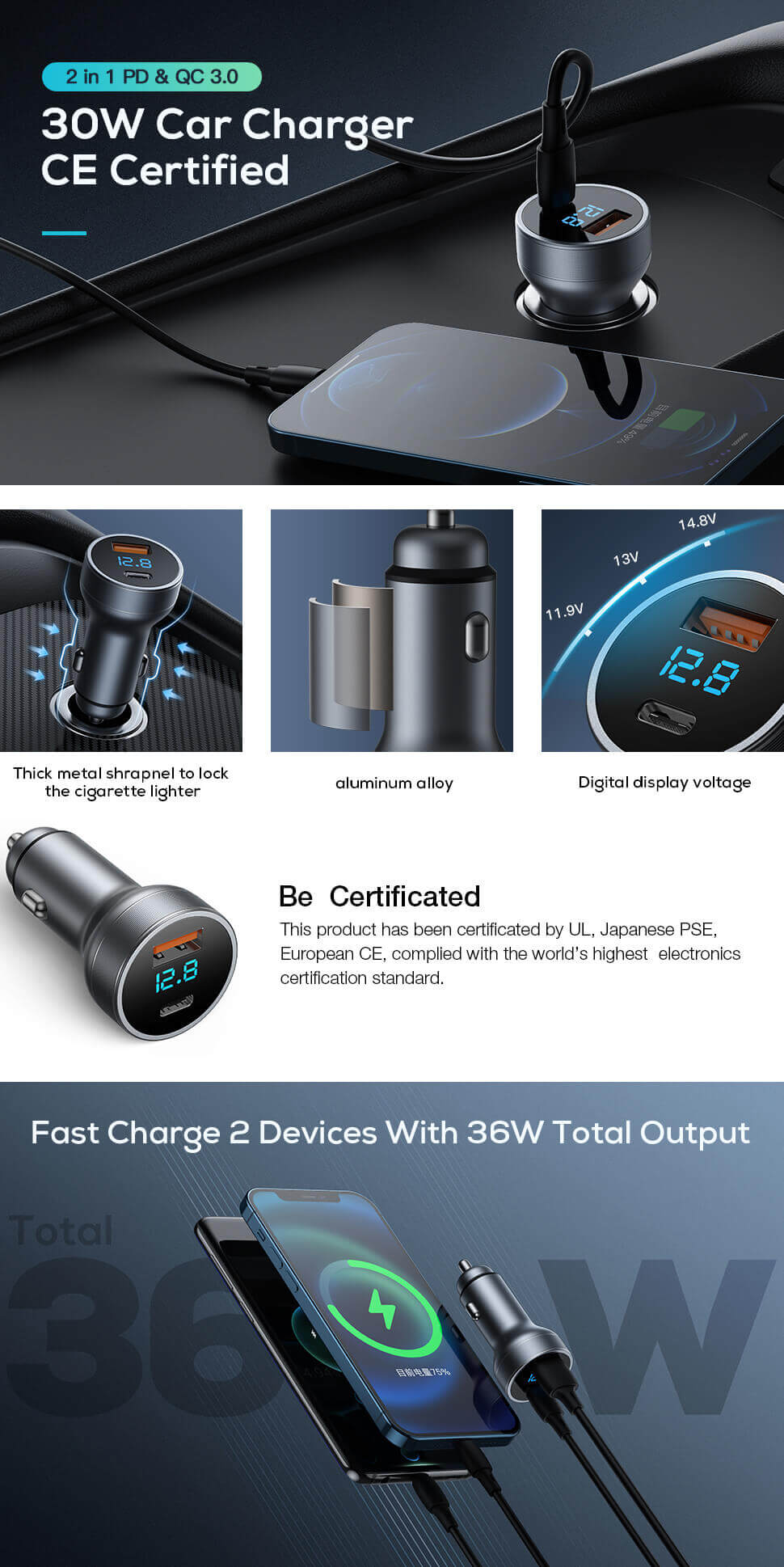 Fast Charging Aluminum alloy 2 port 54W type c Car Charger QC3.0 Car Usb Charger OEM for iphone samsung