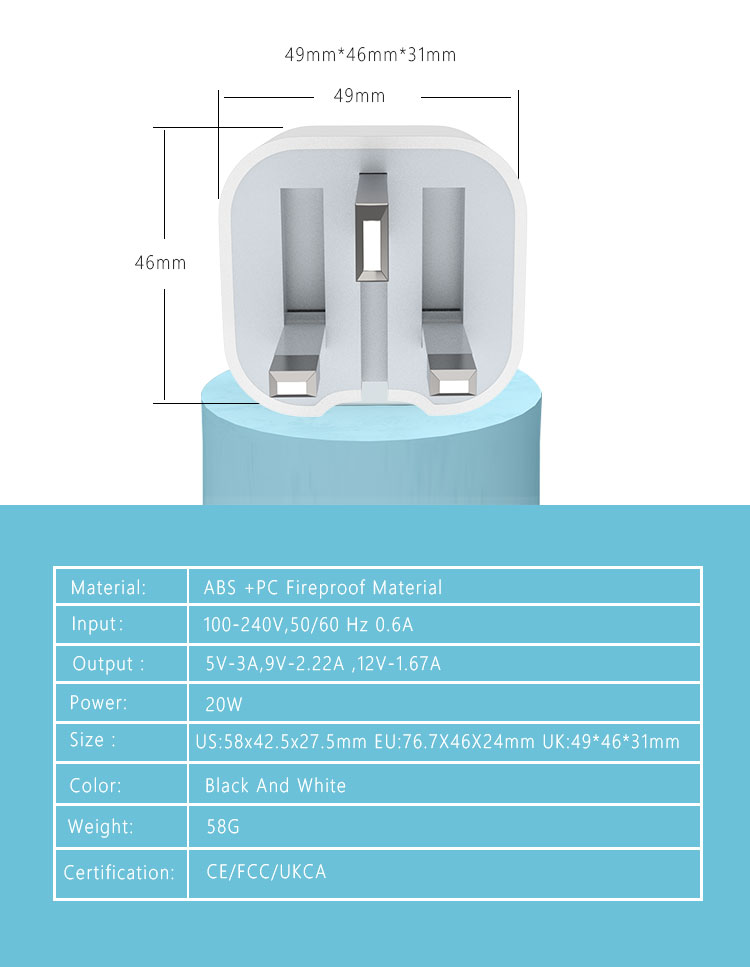 Best Selling PD Wall Charger UK Plug UKCA 20W PD Power Adapter Type-C PD3.0 Quick Charge Travel Super Fast Wall Charger