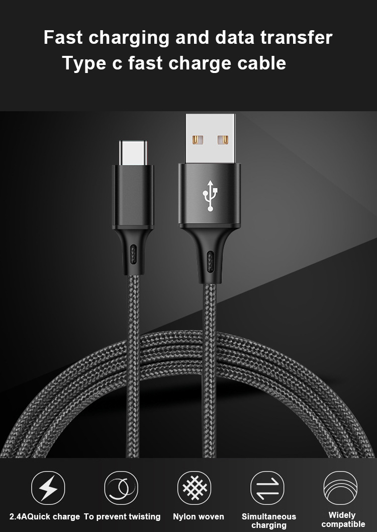 High quality OEM ODM High speed 2.0 A USB C data cable Nylon type c cable fast charging usb c cable for phone