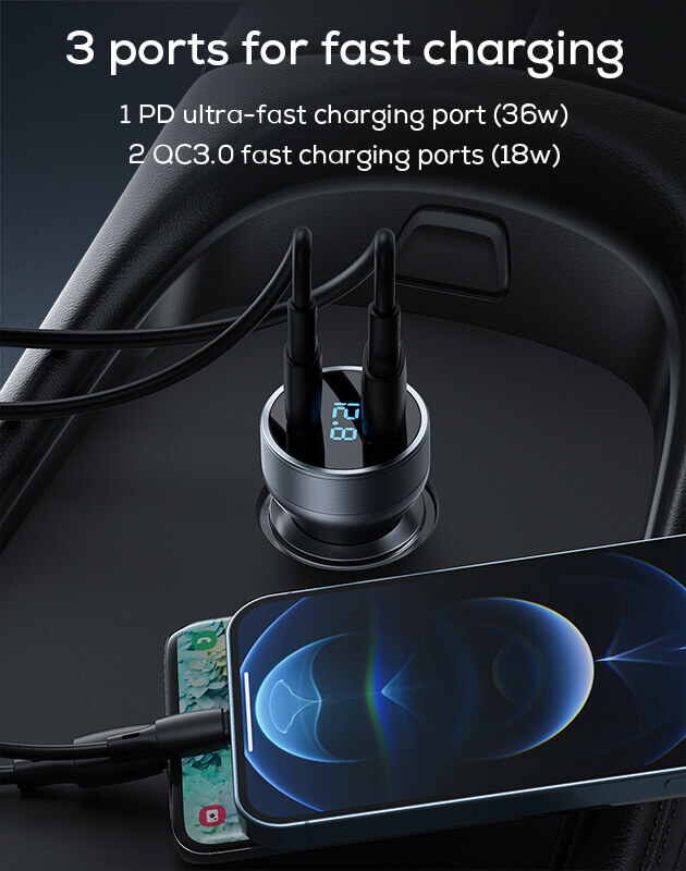 Fast Charging Aluminum alloy 2 port 54W type c Car Charger QC3.0 Car Usb Charger OEM for iphone samsung