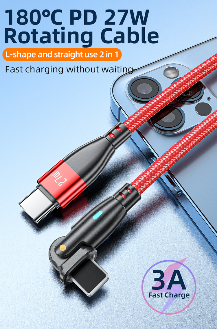 USB C to 8P Fast Charging Cable PD 27W 180 Degree Rotation Data Transmission Cable for Laptop & Phones