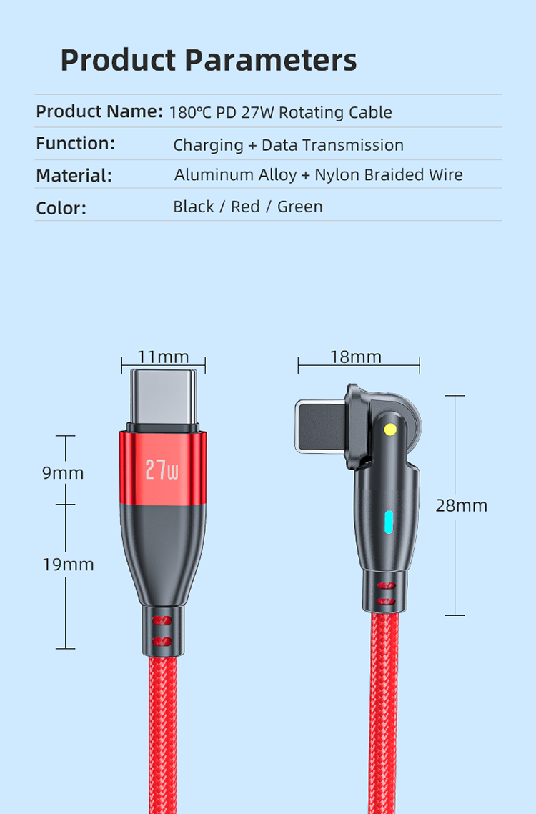 USB C to 8P Fast Charging Cable PD 27W 180 Degree Rotation Data Transmission Cable for Laptop & Phones