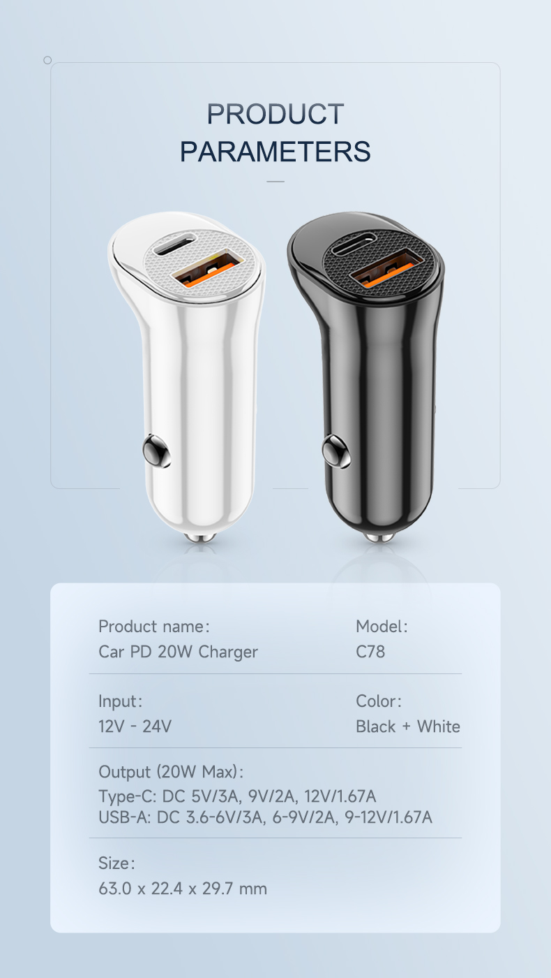 2023 New Product Usb18W & Pd20W With Package Car Charger 20W Type-C Quick Car Charger