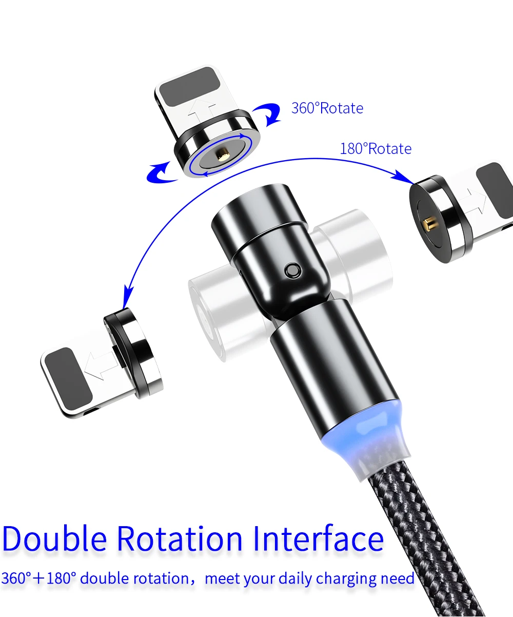 Ios 1M 540 Magnetic Charging Cable Magnetic Phone USB Charger Cable 360 & 180 Rotation 3 in 1 Mobile Earphones Standard Stock