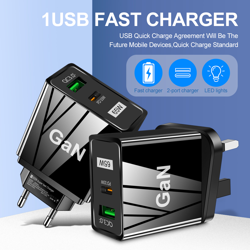 US/EU/UK  65W GaN Super Quick Charger QC3.0+USB C Fast Charger PD65W Gan charger Compatible for Laptop ipad iPhone Huawei Xiaomi