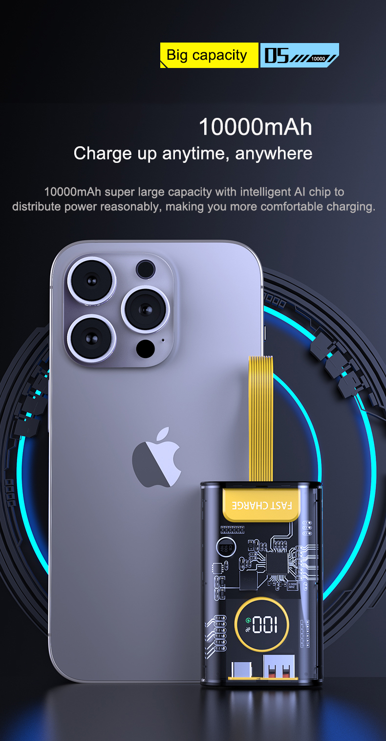 Power Bank 10000mAh Pd 22.5w Qc3.0 Transparent Design Led Display Fast Charging Power Banks With lanyard