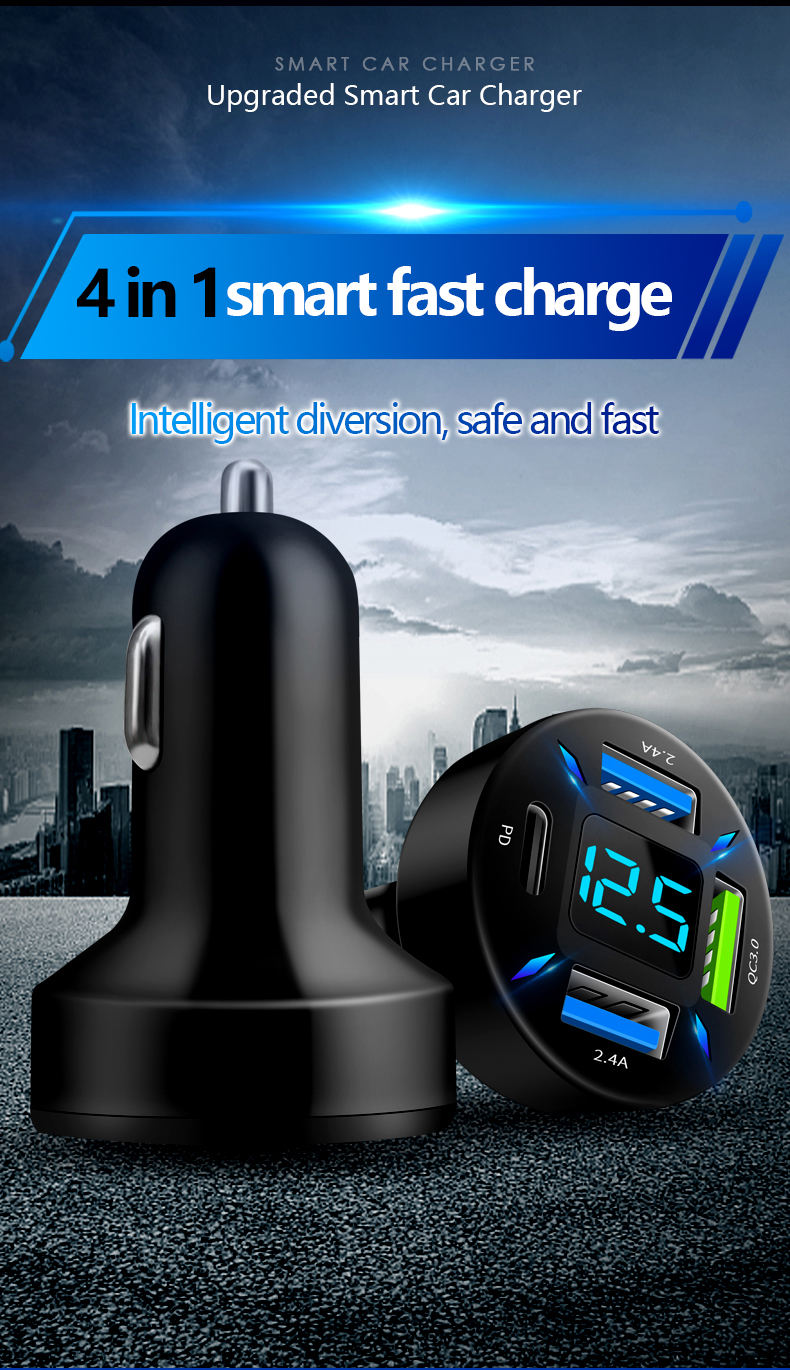 QC3.0 66W Car Charger Lighter Adapter 4-port USB A+USB C PD Fast Charging Phone Charger