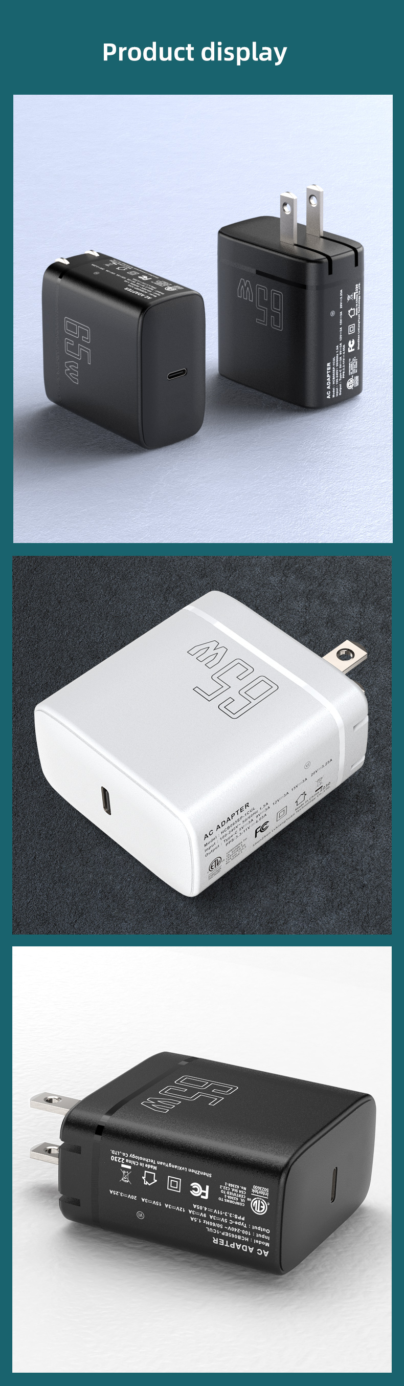 super fast charger 65w ac dc chargeur pd type c gan thin universal travel adapter 65w charger with ETL FCC for mobile and laptop