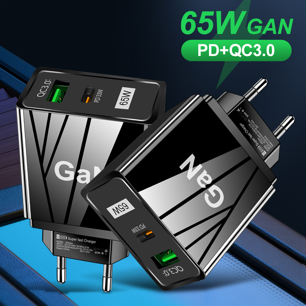 US/EU/UK  65W GaN Super Quick Charger QC3.0+USB C Fast Charger PD65W Gan charger Compatible for Laptop ipad iPhone Huawei Xiaomi